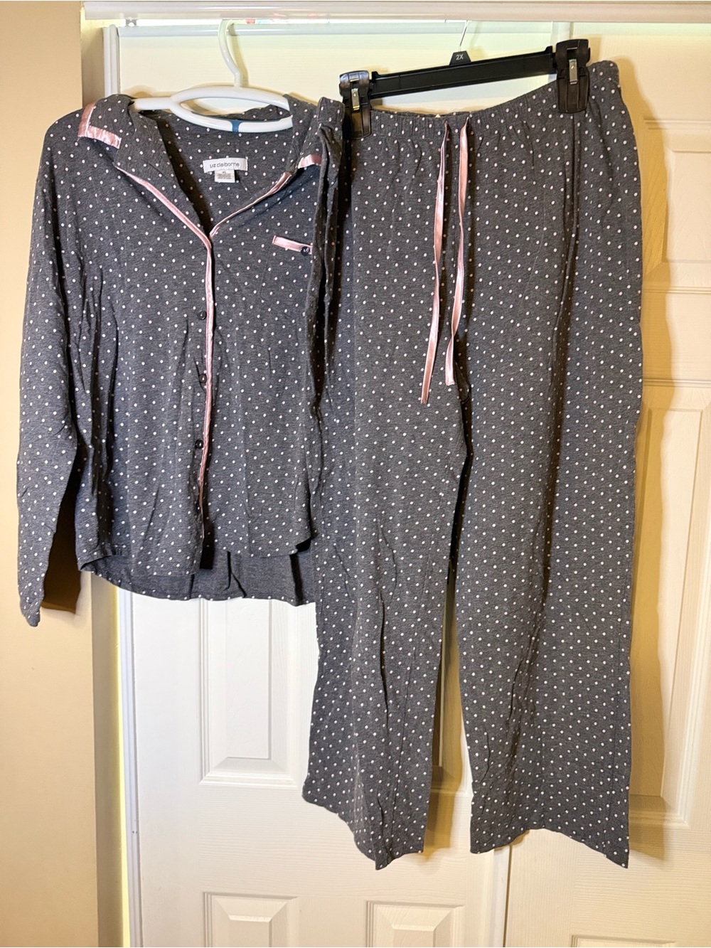 Liz Claiborne Gray Polka Dot Pajama Set with Pink Trim